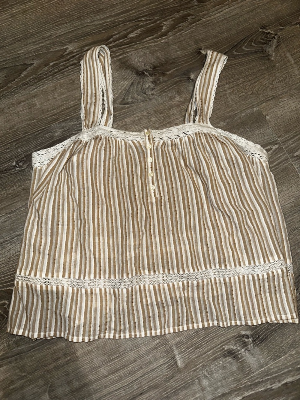 American Eagle Lace-Trim Striped Tank Top in Beige and White